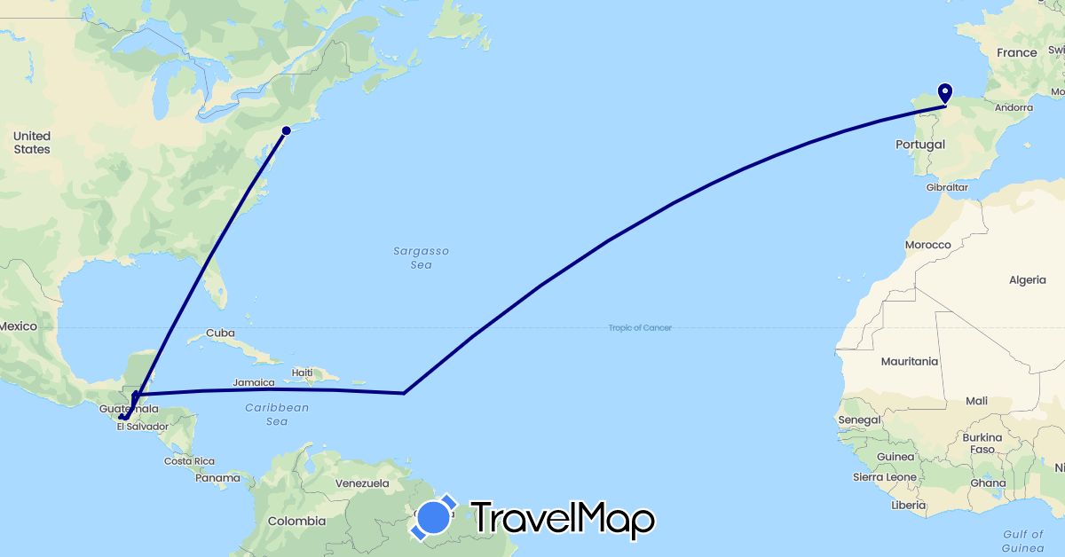 TravelMap itinerary: driving in Guatemala, Nicaragua, United States (North America)